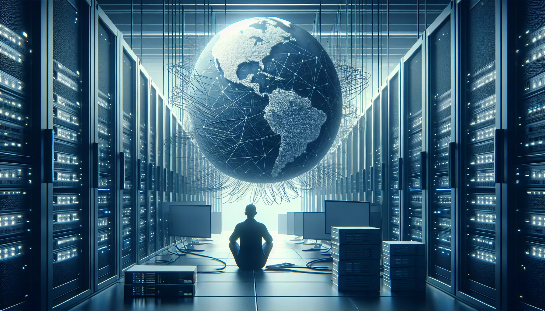 Mann vor Serverraum und Globus